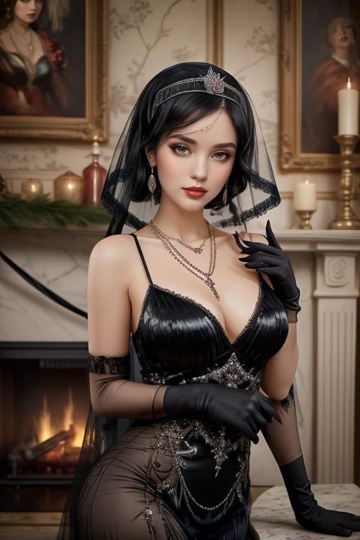 (masterpiece,best quality:1.2), high detailed,realistic,<lora:Charleston:1> xcharleston style, 1girl, solo, black hair, gloves, dress, jewelry, earrings, necklace, nail polish, makeup, veil, realistic, fireplace