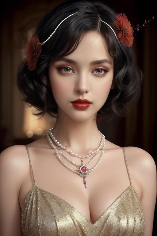 (masterpiece,best quality:1.2), high detailed,realistic,<lora:Charleston:1> xcharleston style, 1girl, solo, breasts, looking at viewer, short hair, black hair, hair ornament, dress, jewelry, upper body, flower, hair flower, necklace, lips, makeup, lipstick, realistic, red lips, pearl necklace, pearl (gemstone)