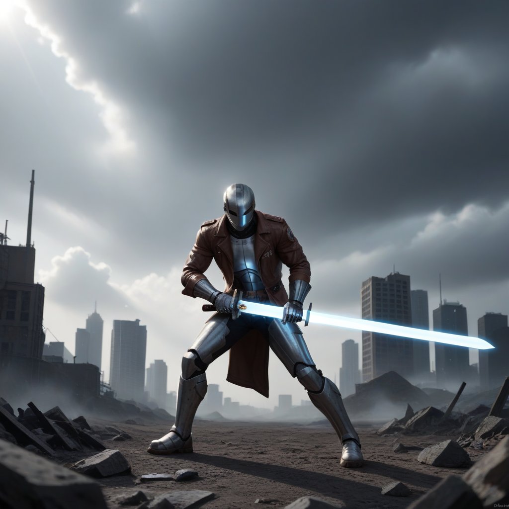 A dynamic action scene featuring a muscular man in a tattered leather jacket, engaging in a fierce battle with towering, metallic robots in a desolate, post-apocalyptic landscape. The setting is a crumbling cityscape with dark, stormy skies, emphasizing the gritty atmosphere. The man is mid-combat, wielding a glowing energy sword, with intense, dramatic lighting highlighting his determined expression and the intricate details of the robots. The composition captures the chaos of the fight, with debris and sparks flying around them.