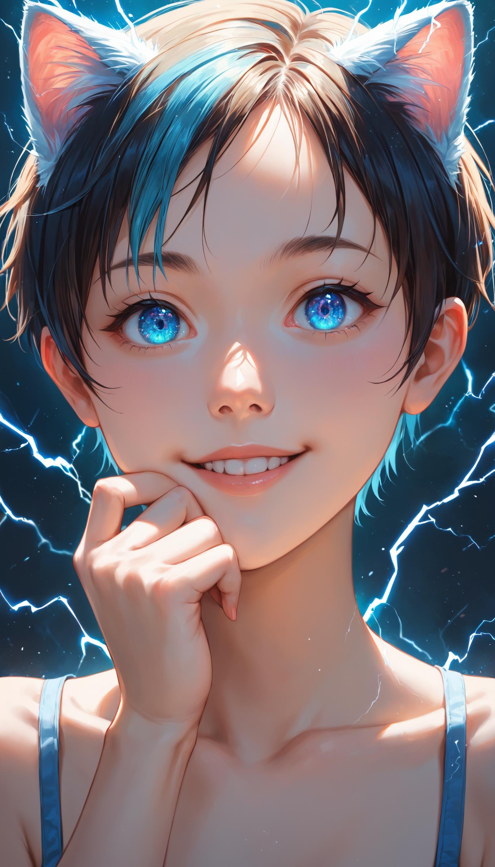 1girl,She has a pixie cut with choppy layers, dyed a vibrant, electric blue,The air crackles with static electricity., score_9, score_8_up, score_7_up, source_anime,, upper_body,portrait,detailed eyes,Cat face with hand over mouth and smiling eyes,collarbone,