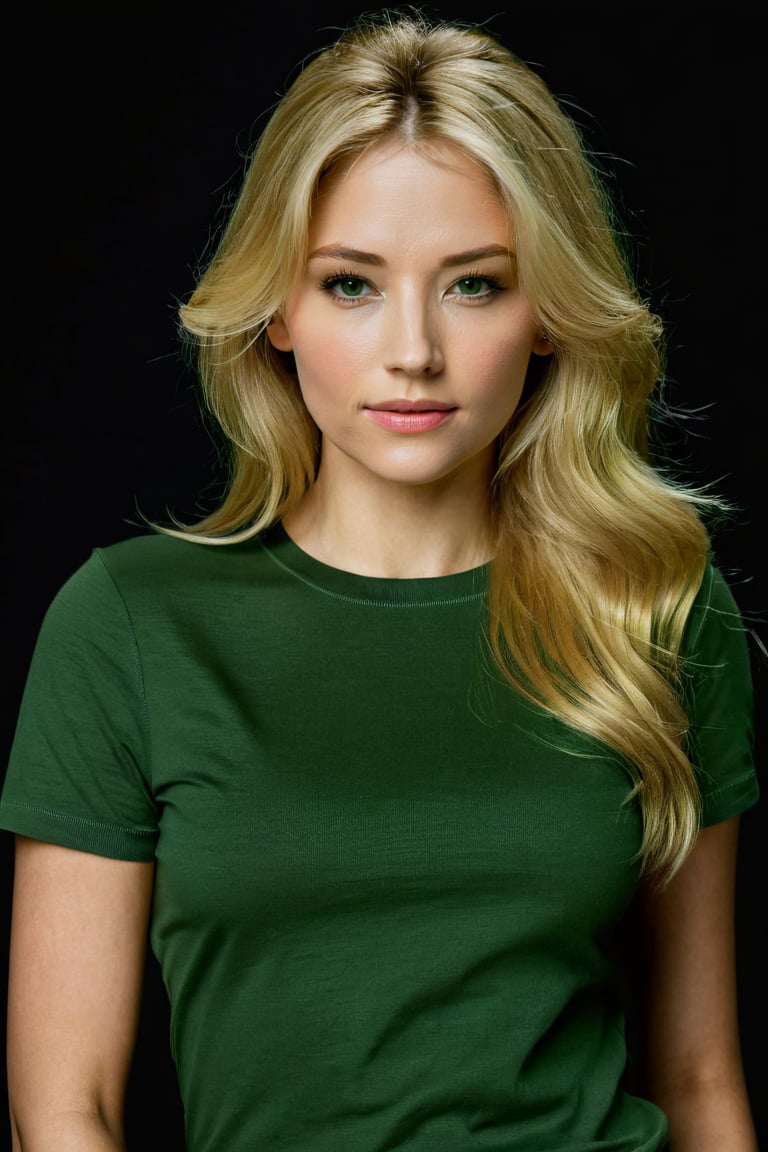 ohwx woman, masterpiece, best quality, in green shirt, portrait, long blonde hair, looking at viewer, simple black background