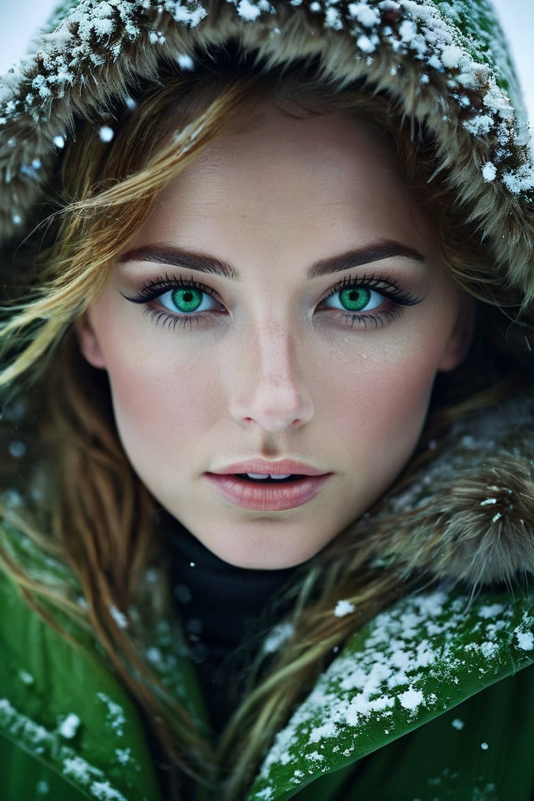 A dramatic contrast photo of a stunning ohwx woman with mesmerizing green eyes, caught in a snowstorm, in an expansive snowy field, under harsh hard lighting, shot from eye level, on a Canon EOS 5D, with (film grain:1.3), in the style of Miko Lagerstedt., photorealistic