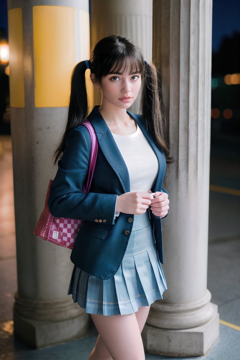 1girl,solo,twintails,school uniform,blazer,checkered skirt,miniskirt,loose socks,pumps,round toes,tote bag,station square,stand leaning against a pillar,bored,operating smartphone,night,highly detailed beautiful face and eyes,chromatic_aberration,bokeh,(depth of field:1.1),chromatic_aberration,psychedelic background,best quality,masterpiece,cinematic lighting
BREAK 
imagine Minimalist Y2K portrait of a girl with bubbly white haircut using Hasselblad camera on white backdrop, by photographer Juergen Teller, retro young Korean idol, sharp contrasty lighting with subtle shadows, desaturated color palette with light baby blue accent, extremely fine details in hair strands and denim textures, 8K ultra high definition studio editorial style