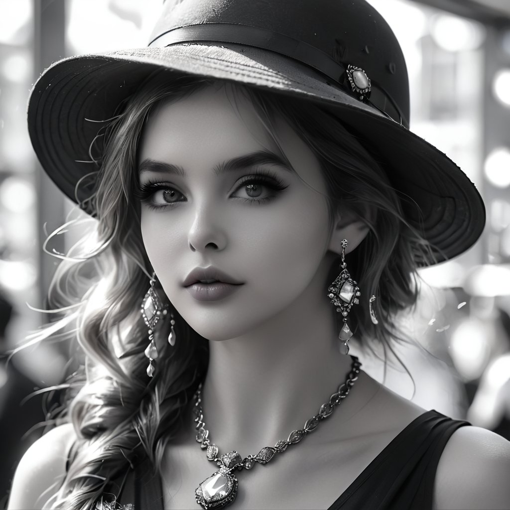 1girl, solo, looking at viewer, hat, jewelry, closed mouth, monochrome, greyscale, earrings, blurry, lips, blurry background, realistic, nose