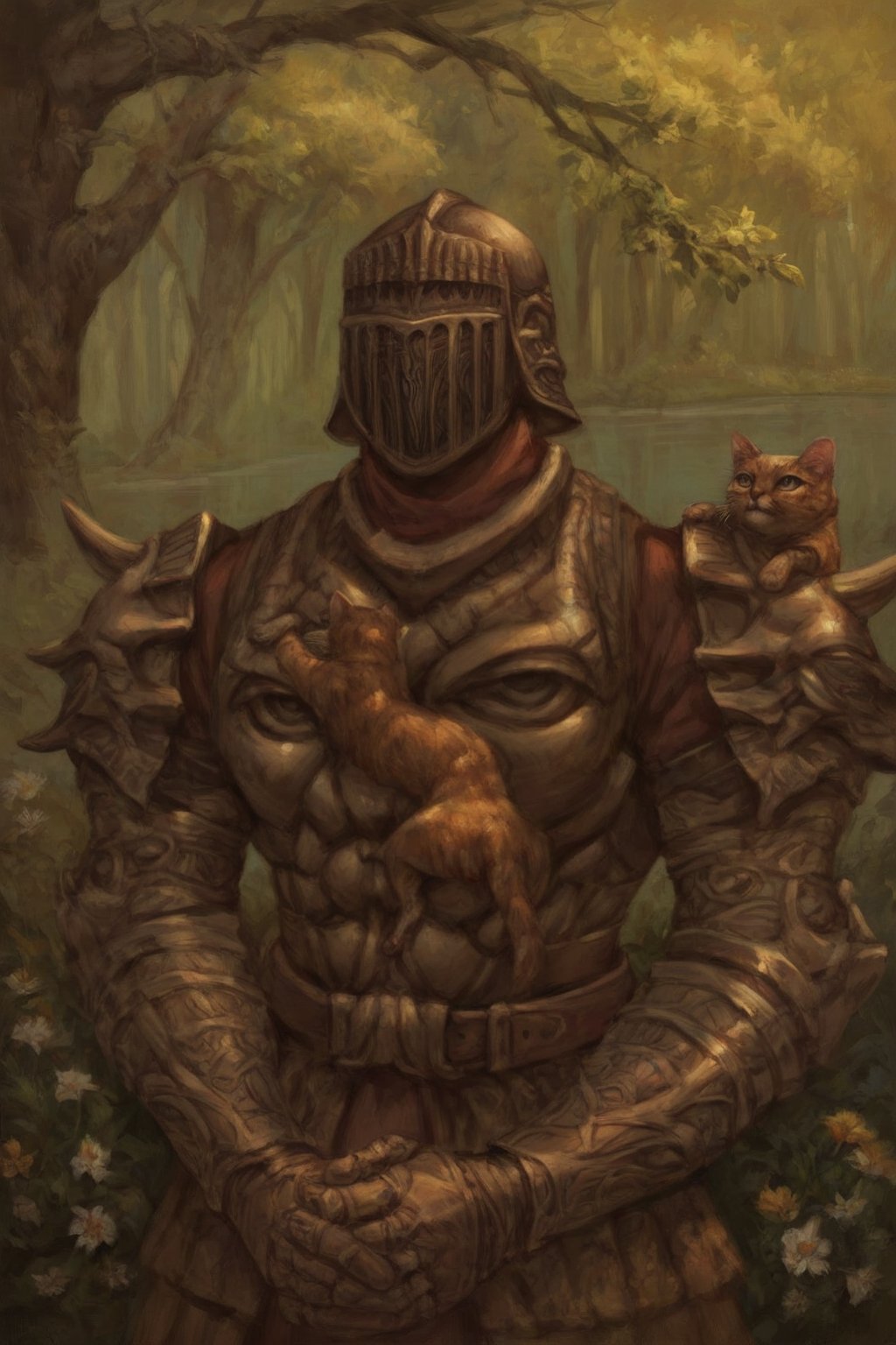 score_9, score_8, score_7, score_8_up, 1boy\(human, tall, wearing full madness armor and helmet\), upper body, holding a cat, relaxing at the lakeside, day, lake, forest, flowers