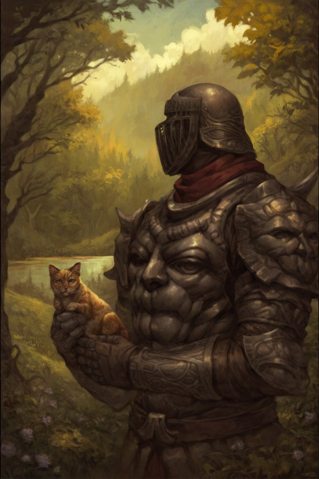 score_9, score_8, score_7, score_8_up, 1boy\(human, tall, wearing full madness armor and helmet\), upper body, holding a cat, relaxing at the lakeside, day, lake, forest, flowers