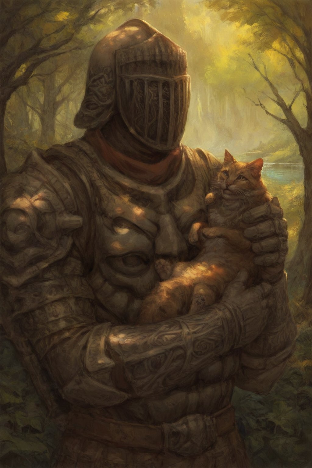 score_9, score_8, score_7, score_8_up, 1boy\(human, tall, wearing full madness armor and helmet\), upper body, holding a cat, relaxing at the lakeside, day, lake, forest, flowers