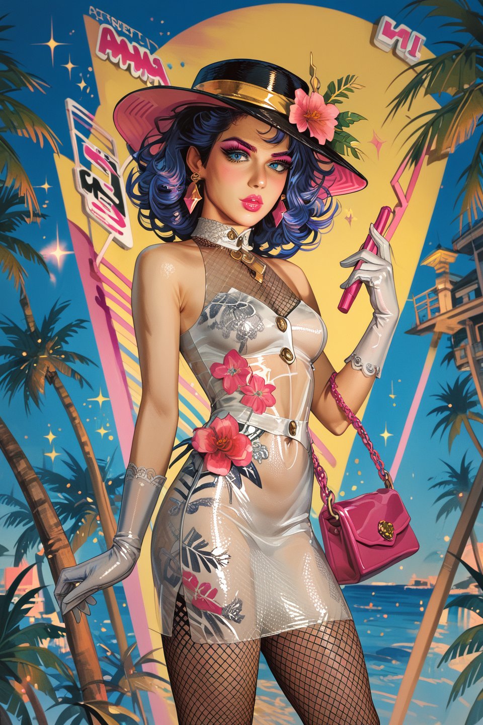 score_9, score_8_up, score_7_up, 1girl, blue curly hair, hud_big_mistake_dress, (tight white pencil dress), buttons, black hat, white gloves, earrings, handbag,  flower, see-through, sparkle, colorful retro artstyle, colorful background, makeup, lipstick, palm trees, neon,  full body, fishnets, pink eyeshadow, blue eyes, bag,artfrahm