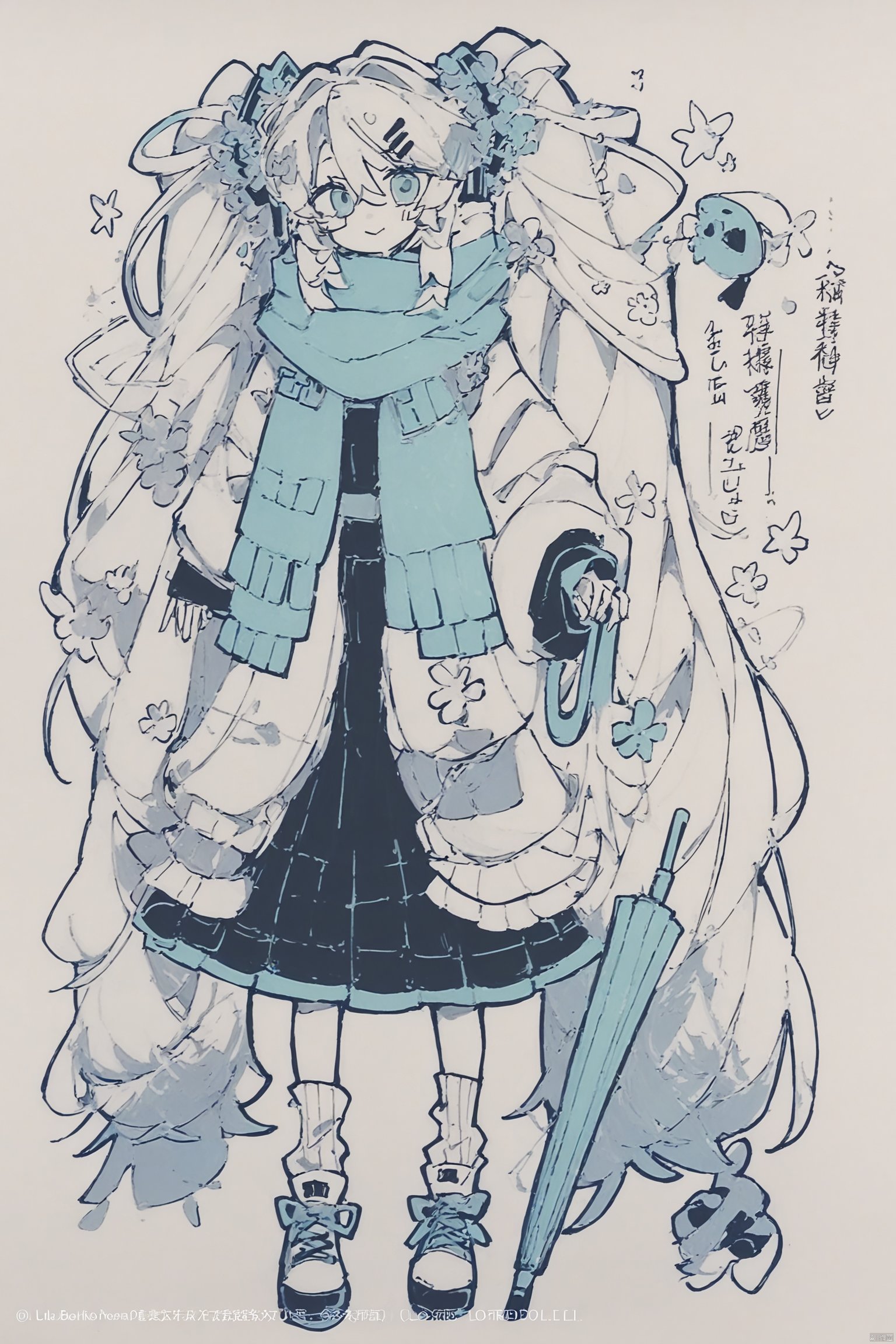 Pencil line, masterpiece, best quality,1girl, solo, long hair, looking at viewer, hair ornament, long sleeves, holding, twintails, very long hair, standing, full body, white hair, shoes, socks, scarf, umbrella, traditional media, holding umbrella, closed umbrella, hatsune miku, bad anatomy