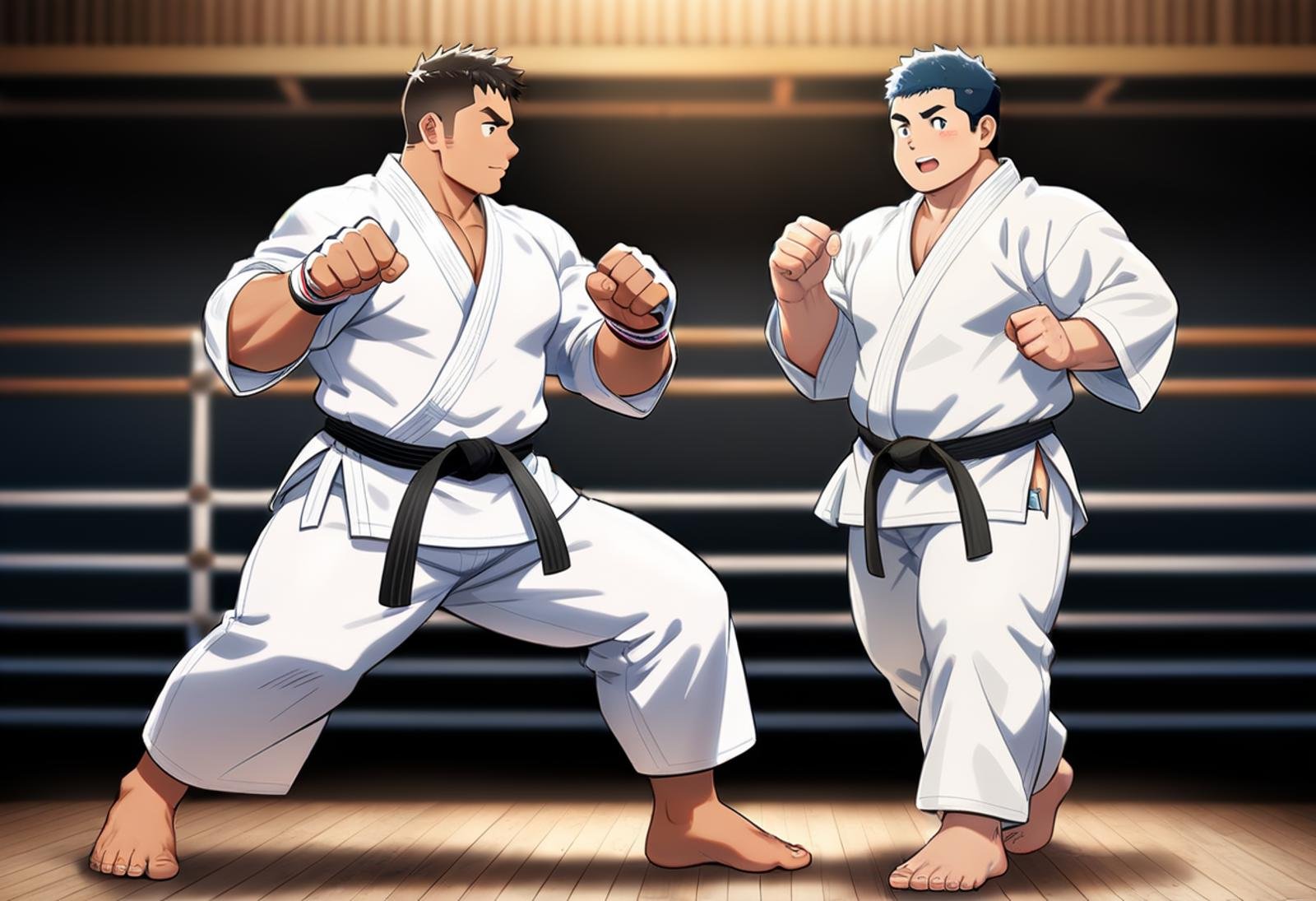 ((2men, male focus, gut punching)), (chubby:1.2), (bara:1.4), (stocky), ((white judo gi)), barefoot, ((long pants)), short hair, crew cut, ((full body)), (cool, awesome), (fingerless gloves, black belt), (round face), dojo background, best quality, anime, masterpiece, best aesthetic, absurdres<lora:EMS-387212-EMS:0.300000>