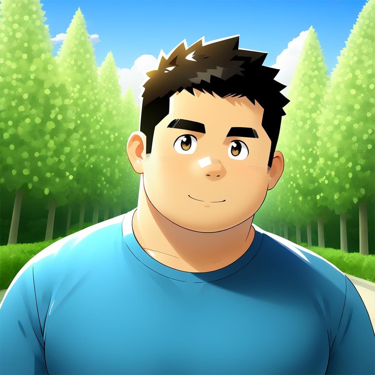 ((1male, solo, male focus, blue t-shirt)), (chubby:1.0), (bara:1.4), (stocky), short hair, crew cut, ((half body)), (cool, cute, awesome), round face, summer, poplar leaf, outdoor, best quality, flat anime, masterpiece, best aesthetic, absurdres<lora:EMS-387212-EMS:0.300000>