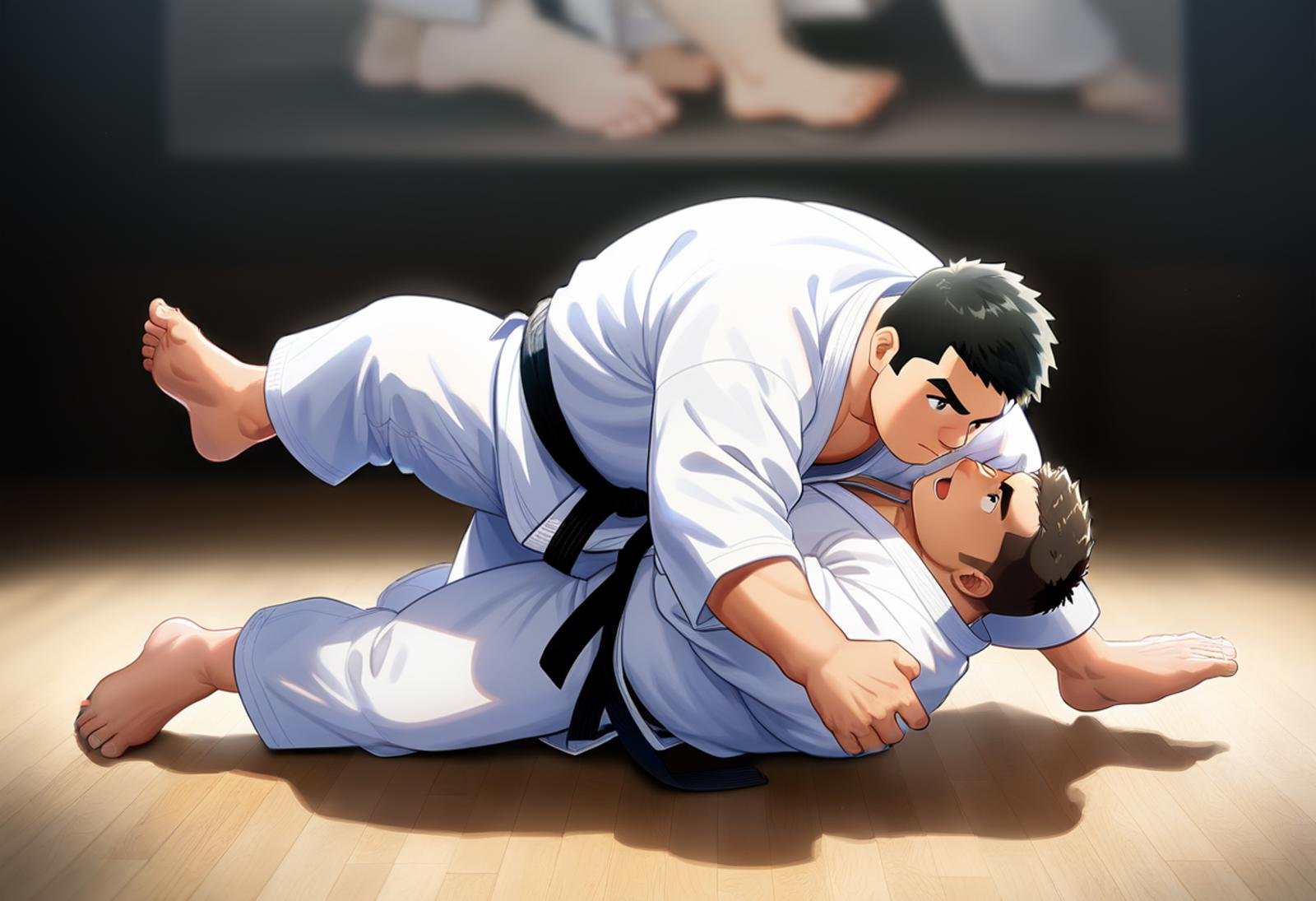 ((2men, male focus, judo grappling)), (chubby:1.2), (bara:1.4), (stocky), ((white judo gi)), barefoot, ((long pants)), short hair, crew cut, ((full body)), (cool, awesome), (fingerless gloves, black belt), (round face), dojo background, best quality, anime, masterpiece, best aesthetic, absurdres<lora:EMS-387212-EMS:0.300000>