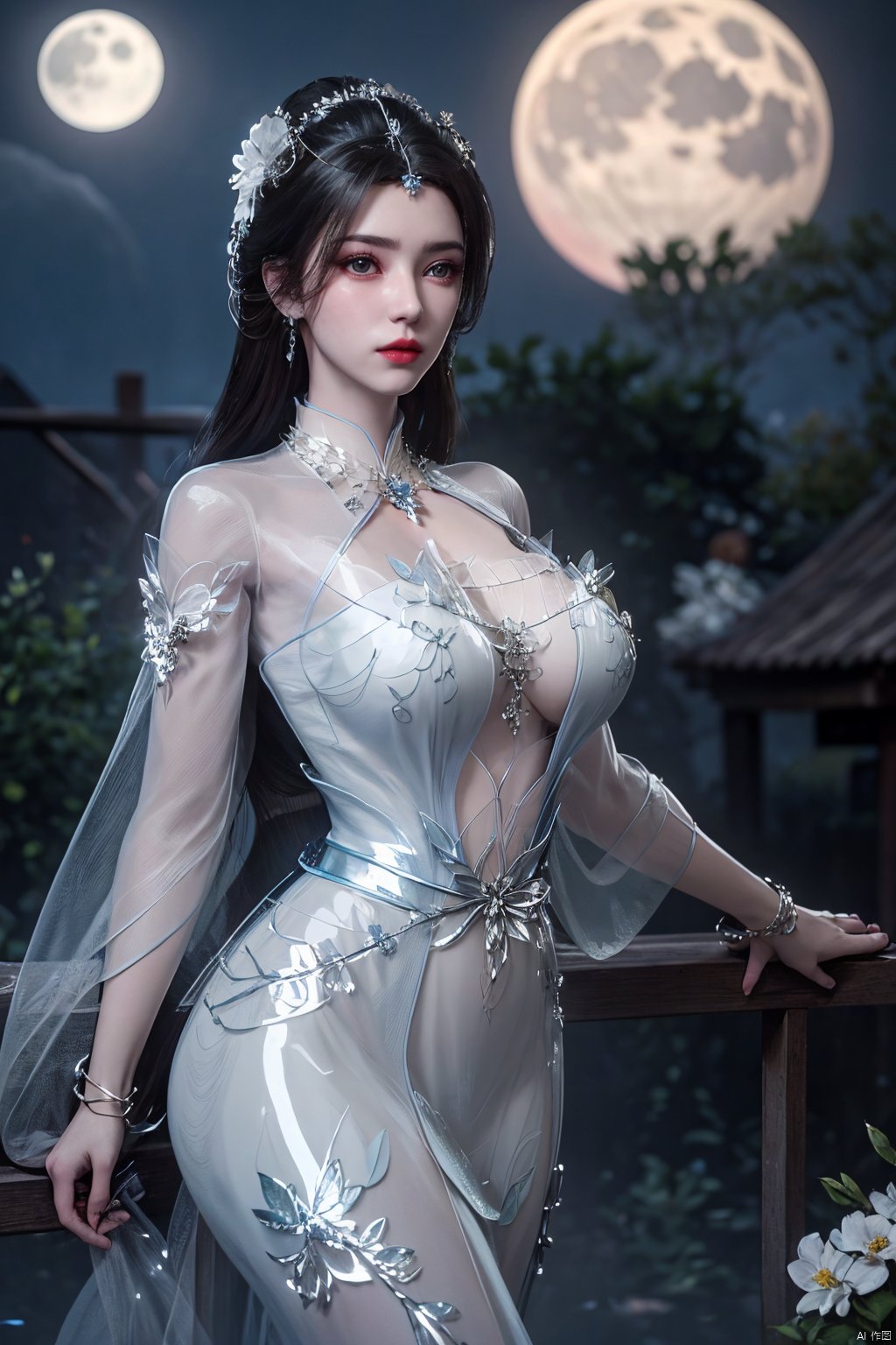  (8k, RAW photo, best quality, masterpiece:1.2), 1 girl, flower, (moon), moonlight, long hair, windy,Xlimuwan, Xmedusa,Yunxiao_Fairy,,(big breasts:1.39)