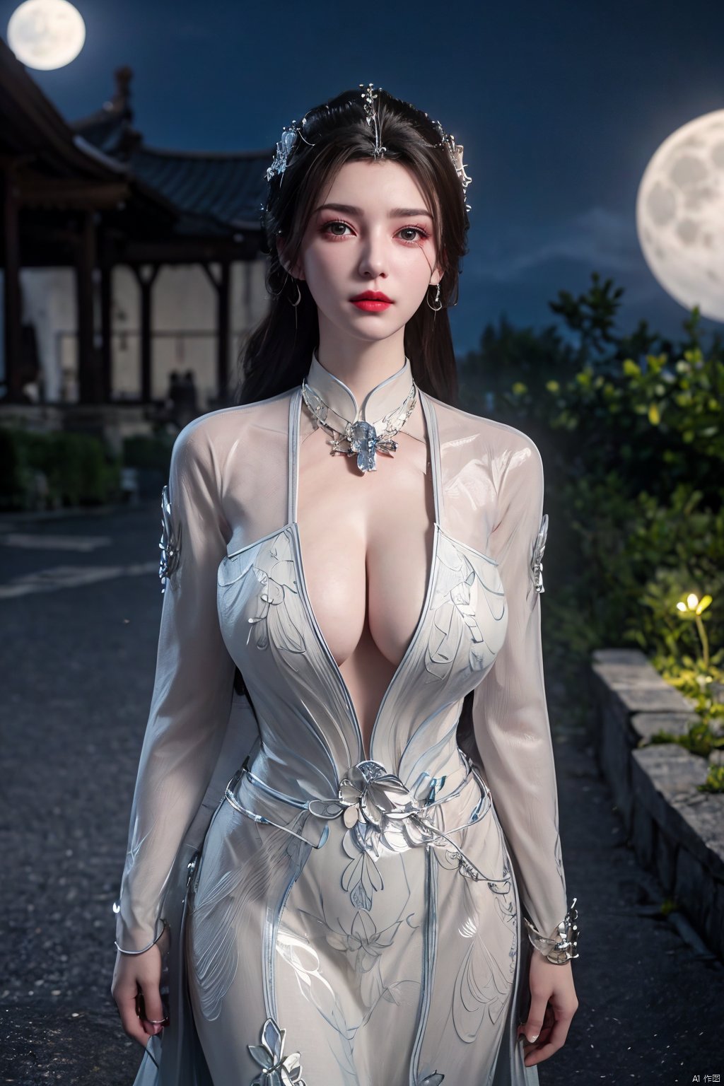  (8k, RAW photo, best quality, masterpiece:1.2), 1 girl, flower, (moon), moonlight, long hair, windy,Xlimuwan, Xmedusa,Yunxiao_Fairy,,(big breasts:1.39)