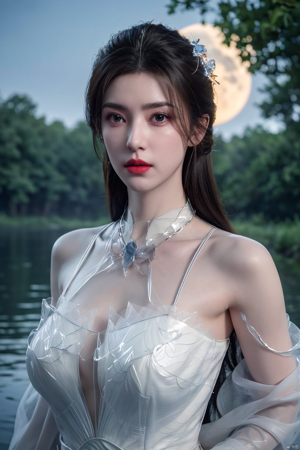  (8k, RAW photo, best quality, masterpiece:1.2), (super realistic, photo-realistic:1.3), ultra-detailed, extremely detailed cg 8k wallpaper, hatching (texture), skin gloss, light persona, (crystalstexture skin:1.2), (extremely delicate and beautiful), ultra-high resolution, (photo realistic: 1.4), Surrealism, Fantastical verisimilitude, beautiful blue-skinned goddess Phoenix Peacock on her head, fantastical creation, thriller color scheme, surrealism, abstract, psychedelic, 1 girl, flower,(translucent white gauze dress:1.3), (moon), moonlight, water surface, long hair, windy, qingyi, ll-hd, pf-hd, ty-hd, lmw-hd,Xlimuwan, Xmedusa,Yunxiao_Fairy,,(big breasts:1.39)