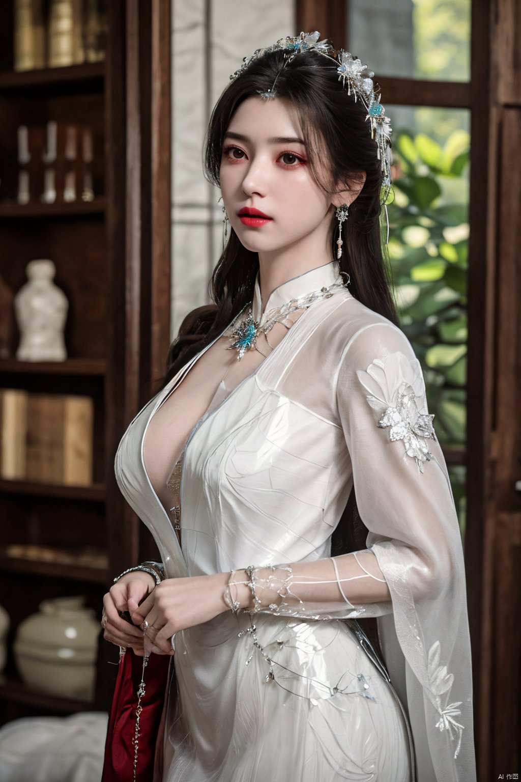  best quality,masterpiece,Xlimuwan,1girl,solo,very long hair,looking at viewer,jewelry,closed mouth,,sunlight,white dress,,(big breasts:1.29),X-Yunxiao,X-Hydrangea,