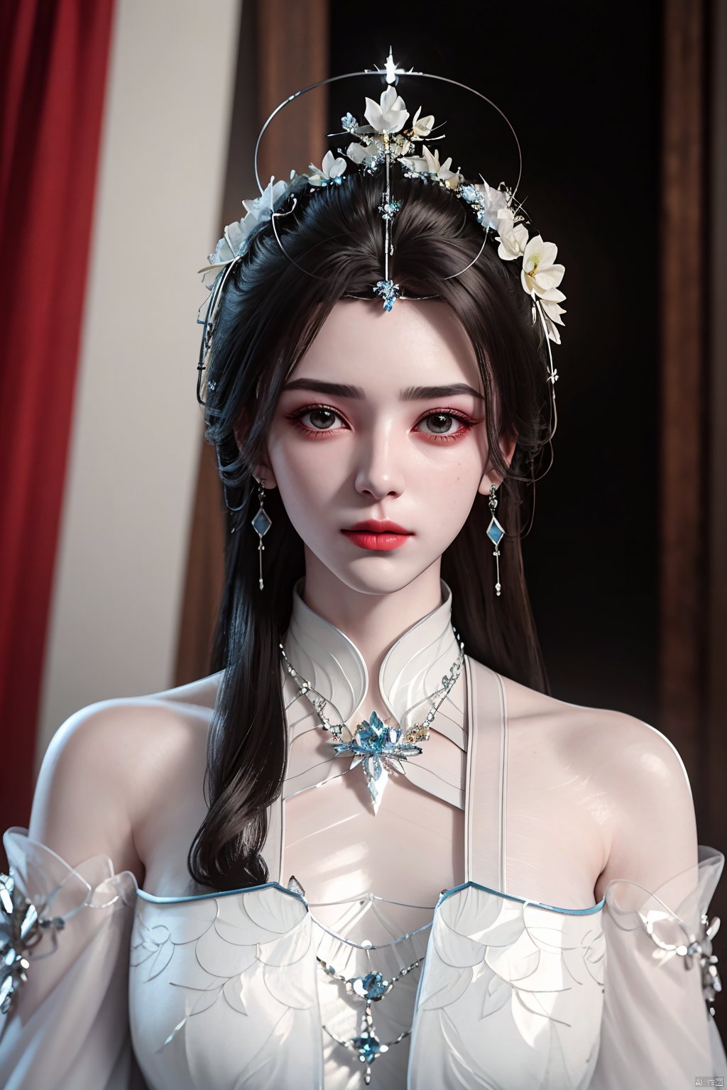  best quality,masterpiece,Xlimuwan,1girl,solo,very long hair,looking at viewer,jewelry,closed mouth,,sunlight,white dress,,(big breasts:1.29),X-Yunxiao,X-Hydrangea,