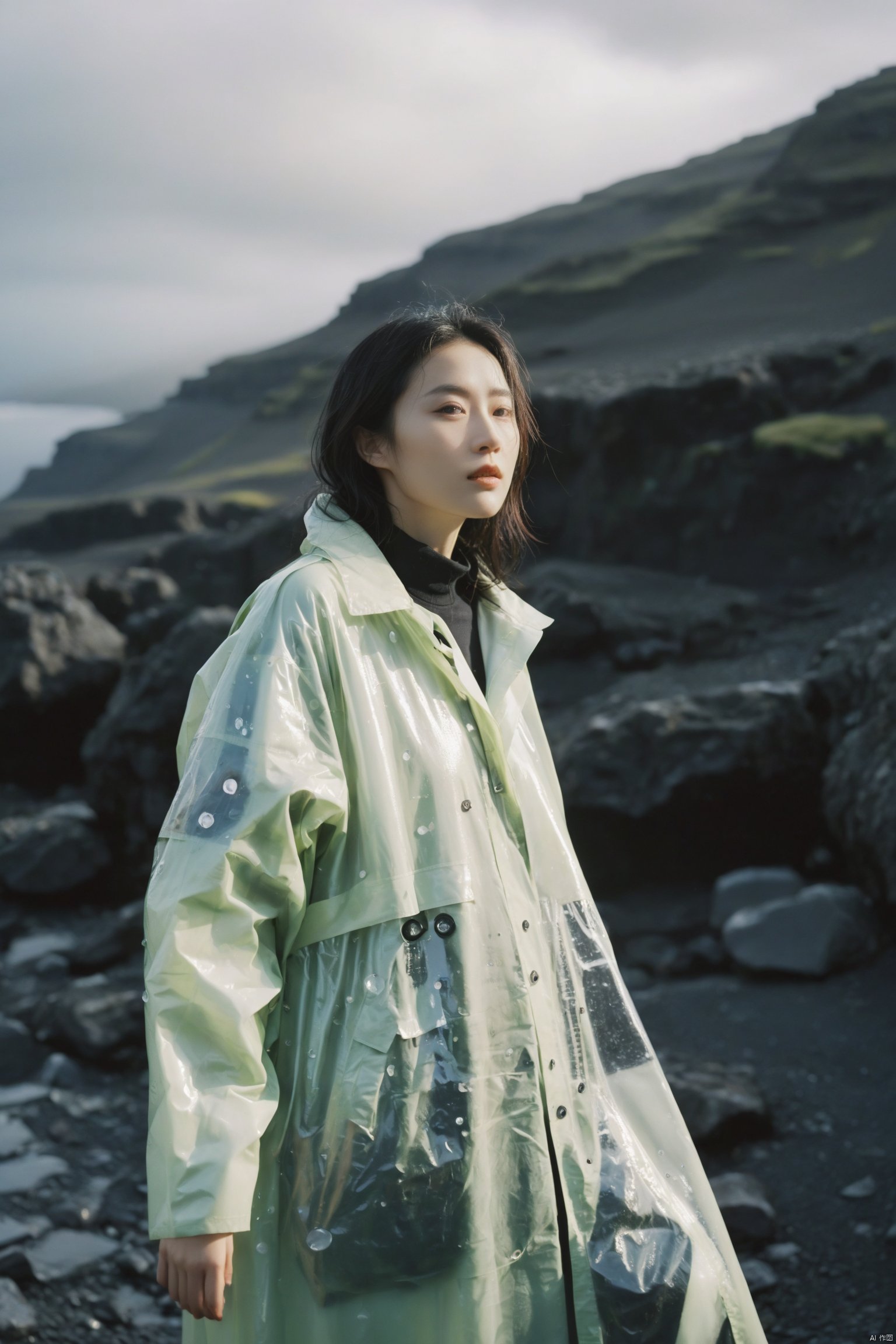 analog film photo chinese girl, cinematic film still, ((establishing_shot)), ((looking away)), expression of enjoyment, an ultra high definition professional high fashion portrait full length photograph, a model wearing a transparent pearlescent raincoat in an icelandic black rock environment at dawn, no artefacts, extremely detailed, stark, refraction, shallow depth of field, volumetric light and shadow, ray tracing, light rays, shallow depth of field, vignette, highly detailed, high budget, bokeh, cinemascope, moody, epic, gorgeous, film grain, grainy . faded film, desaturated, 35mm photo, grainy, vignette, vintage, kodachrome, lomography, stained, highly detailed, found footage , monkren, fairy, realistic,sunlight