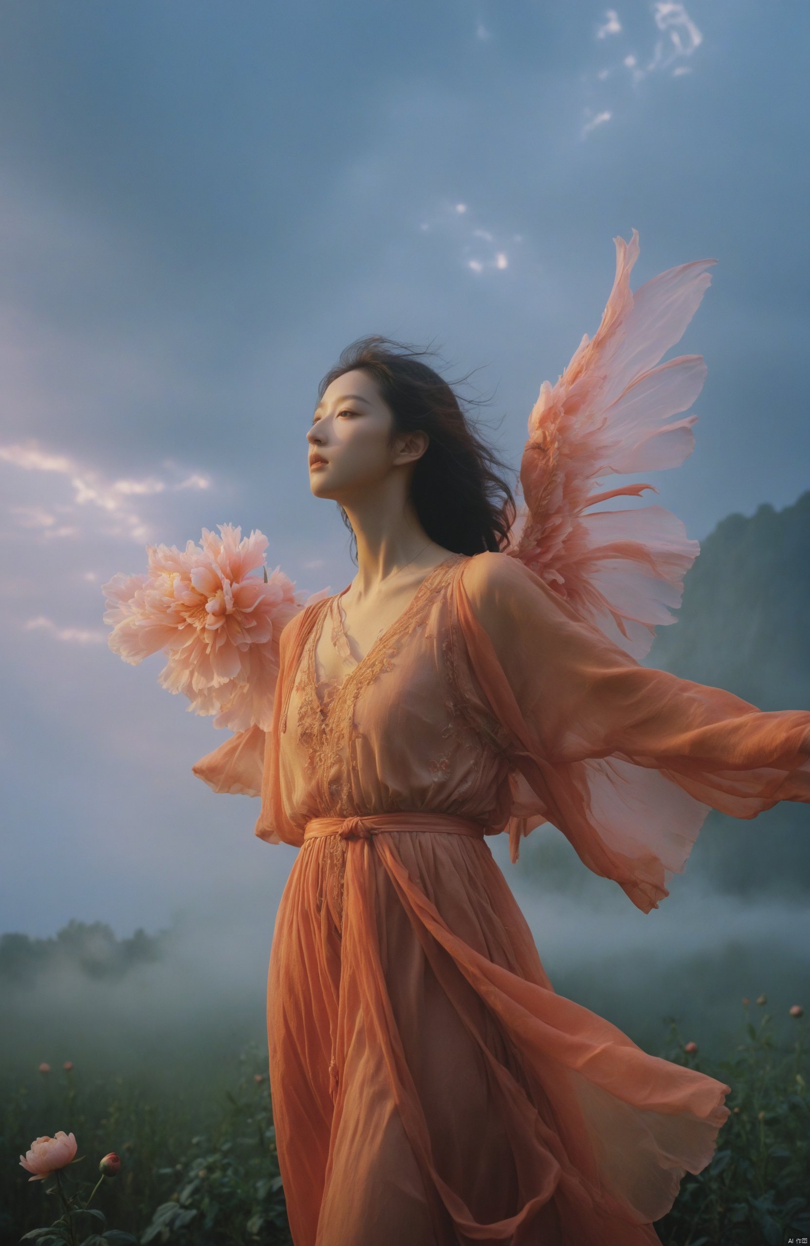 imagine Sublime dreamscape portrait by Gregory Crewdson,delicate Chinese sylph levitating amid surreal cloudscapes of windswept scarlet chiffon and ephemeral feathered wings composed of soft drifting peony petals,serene high renaissance countenance haloed in rays of copper-tinged dawn light,spellbinding emotional narrative exploring the poetic boundaries of the surreal,8K,