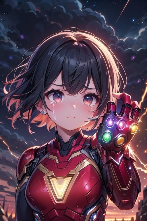 ((upper body)), ((nano gauntlet)), ((Infinity stones)), ((mechanical pointing up)), fist, arm up, raise arm, floating hair, crying, sad, tears, frown, angry, sky, fire, wind, dust, dark, steam, ember, night, cloud, marvel, avengers, endgame, battlefield, crowd, iron girl, big breasts, sexy body, kneeling, auburn braids, <lora:girlhatenanogauntlet:0.9>