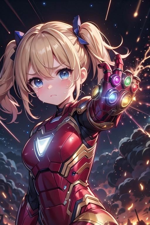 ((upper body)), ((nano gauntlet)), ((Infinity stones)), ((mechanical pointing up)), fist, arm up, raise arm, floating hair, crying, sad, tears, frown, angry, sky, fire, wind, dust, dark, steam, ember, night, cloud, marvel, avengers, endgame, battlefield, crowd, iron girl, big breasts, sexy body, kneeling, blonde twintails, <lora:girlhatenanogauntlet:0.9>