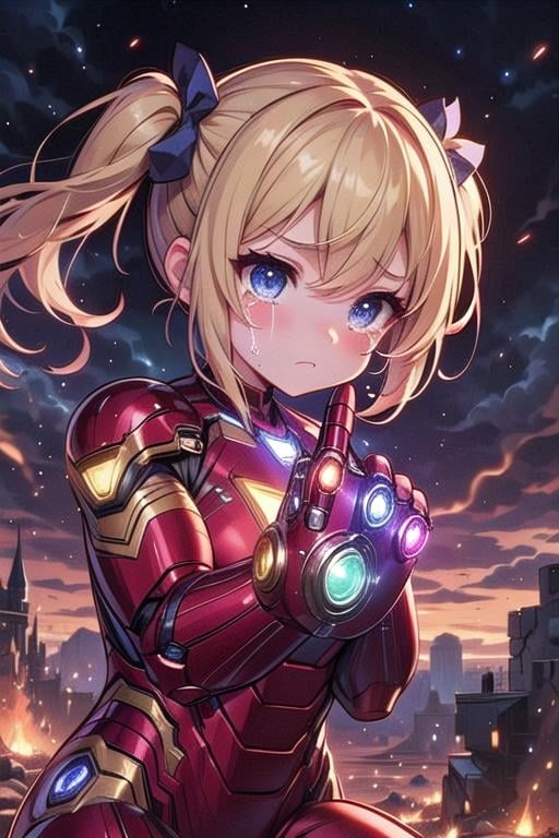 ((upper body)), ((nano gauntlet)), ((Infinity stones)), ((mechanical pointing up)), arm up, raise arm, floating hair, crying, sad, tears, frown, angry, sky, fire, wind, dust, dark, steam, ember, night, cloud, marvel, avengers, endgame, battlefield, crowd, iron girl, big breasts, sexy body, kneeling, blonde twintails, <lora:girlhatenanogauntlet:0.9>