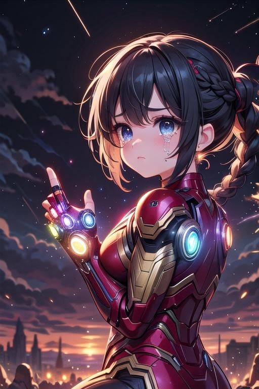 ((upper body)), ((nano gauntlet)), ((Infinity stones)), ((mechanical pointing up)), fist, arm up, raise arm, floating hair, crying, sad, tears, frown, angry, sky, fire, wind, dust, dark, steam, ember, night, cloud, marvel, avengers, endgame, battlefield, crowd, iron girl, big breasts, sexy body, kneeling, auburn braids, from behind, <lora:girlhatenanogauntlet:0.9>