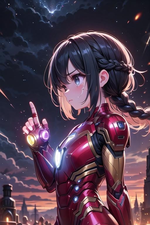 ((upper body)), ((nano gauntlet)), ((Infinity stones)), ((mechanical pointing up)), fist, arm up, raise arm, floating hair, crying, sad, tears, frown, angry, sky, fire, wind, dust, dark, steam, ember, night, cloud, marvel, avengers, endgame, battlefield, crowd, iron girl, big breasts, sexy body, kneeling, auburn braids, from side, looking up, <lora:girlhatenanogauntlet:0.9>