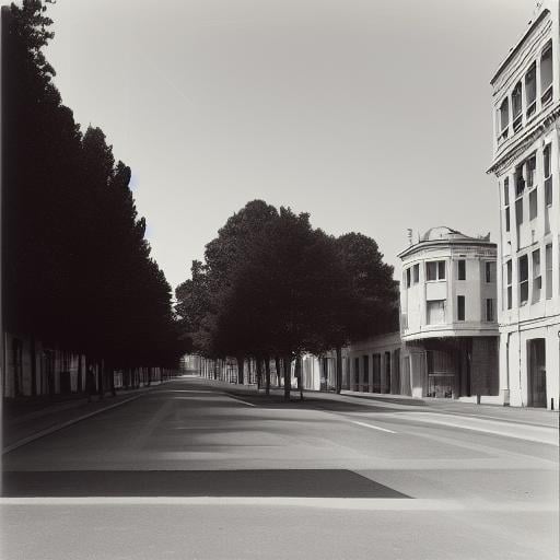 a huge empty asphalt square in the distance one can see massive but not tall rectangular white buildings with narrow black windows, nearby there are smaller rectangular buildings made of brick with square windows and a concrete canopy on the roof, next to them there are not tall trees, a white rectangular building with white edging and large windows, near the buildings you can also see small brick extensions without windows, just in the distance and as if in miniature you can see rectangular buildings with wide large rectangular black windows and white buildings lower but wide with very small black square windows, next to different rare trees are visible behind the buildings, behind all the buildings the yellow sun rises, but it does not dazzle and seems to be in a haze, but all this is as if in the distance and creates the opportunity to examine it all as a whole, and the viewer stands in the middle of perfectly smooth asphalt