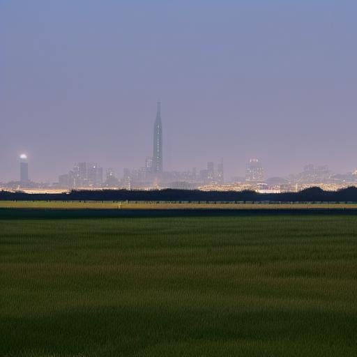 a huge hilly field covered with grass with partially clayey inclusions, green and brown boxes are visible very far away, also behind the hills narrow black skyscrapers with white windows with a yellowish tint are visible, green and brown boxes are visible far away, a dimly lit and dull black building with an orangish glow from sunset, you can see a small white bright advertisement with incomprehensible outlines, black skyscrapers with light yellow windows topped with metal structures standing right in the middle of the field reflect the light of the moon, in the distance you can see small two-story buildings with very small windows and a chimney, a little closer near the skyscrapers you can also see small two-story buildings buildings with very small windows and a chimney, not all skyscrapers are topped with metal structures, the sky on the horizon is from dark red to yellowish which sees off the departing sun, the moon is on the opposite side, the sky is soft blue topped by the moon on the opposite side of the sun, and a few stars, clouds light white very transparent barely visible,