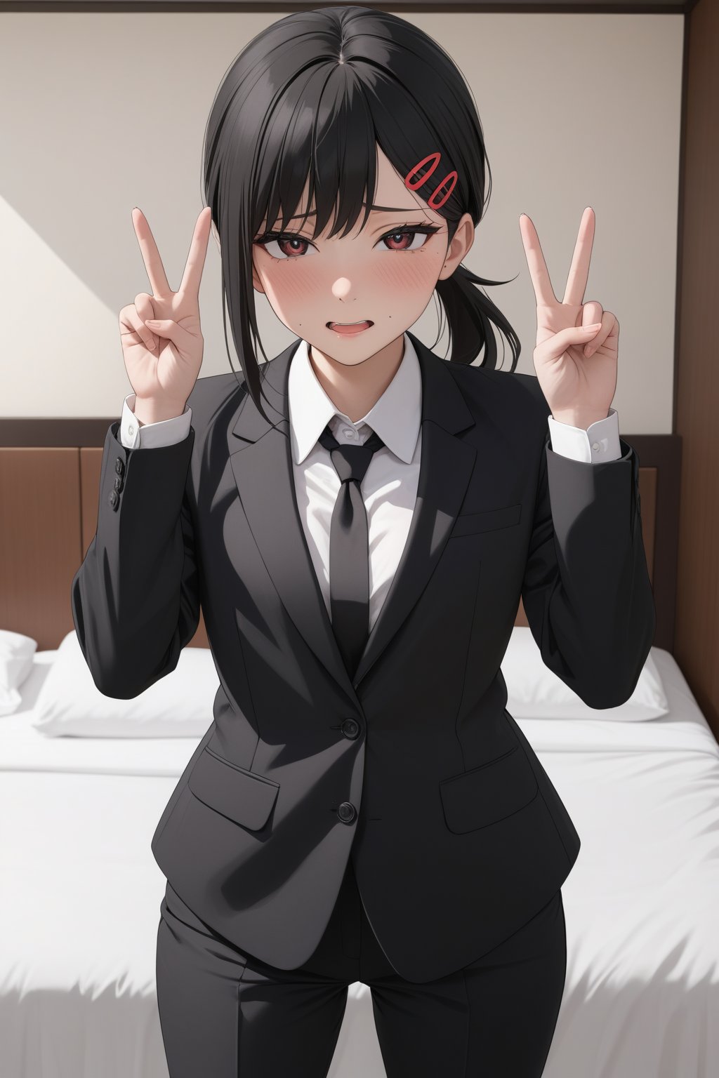 very  young girl ,  Business suit , long pants , at hotel , 
( masterpiece , ultra Detailed    ,  ANIME style ),
ahegao, double peace sign , 
higashiyama kobeni , shirt , black suit 