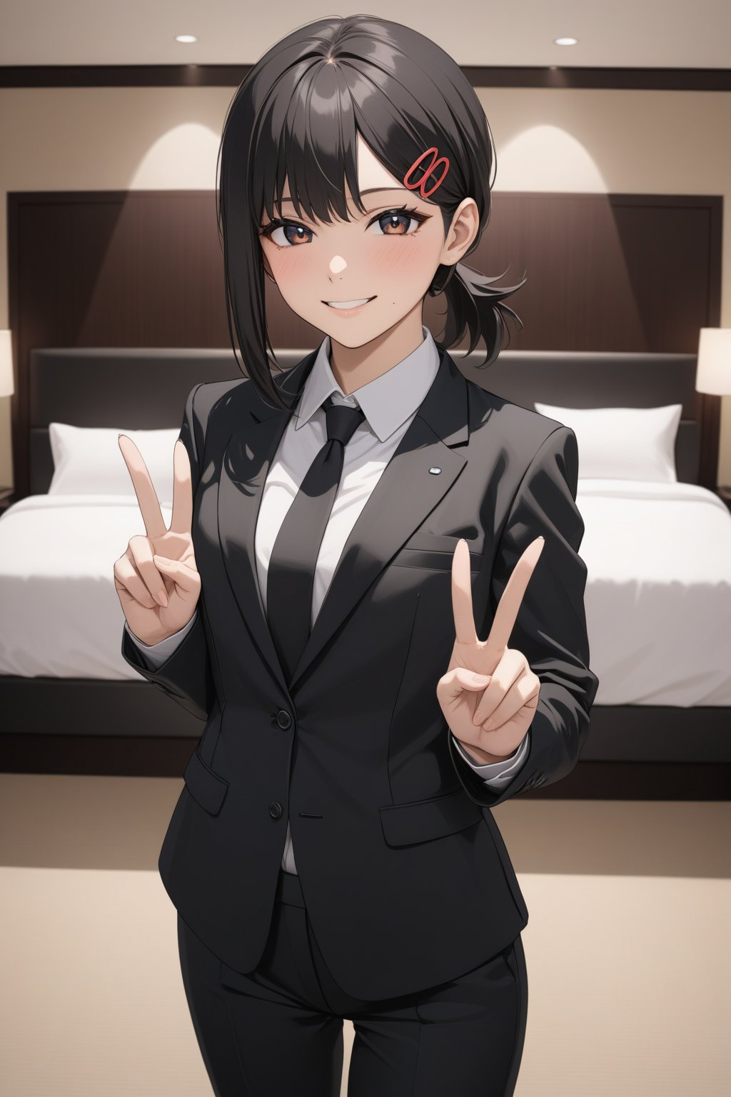 very  young girl ,  Business suit , long pants , at hotel , 
( masterpiece , ultra Detailed    ,  ANIME style ) , smile, double peace sign , 
higashiyama kobeni , shirt , black suit 