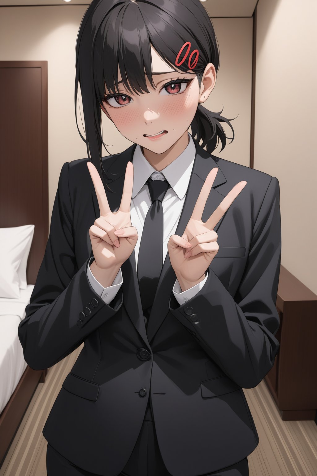 very  young girl ,  Business suit , long pants , at hotel , 
( masterpiece , ultra Detailed    ,  ANIME style ),
ahegao, double peace sign , 
higashiyama kobeni , shirt , black suit 