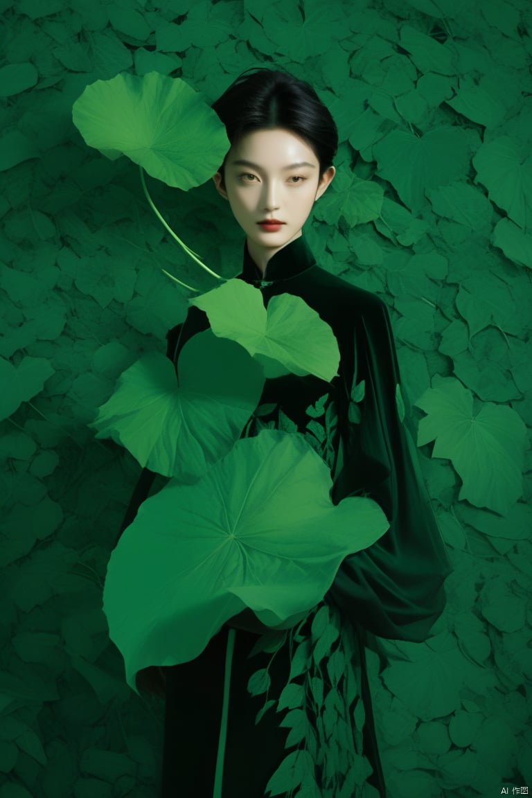 a boy in a black dress holding a green leaf, jingna zhang, maggie cheung, by Zhang Shuqi, eiko ishioka, dress made of green leaves, art nouveau fashion photography, by Lin Tinggui, pengzhen zhang, by Zou Yigui, inspired by Lin Tinggui, dress of leaves, donglu yu, cover photo portrait of du juan,a dream