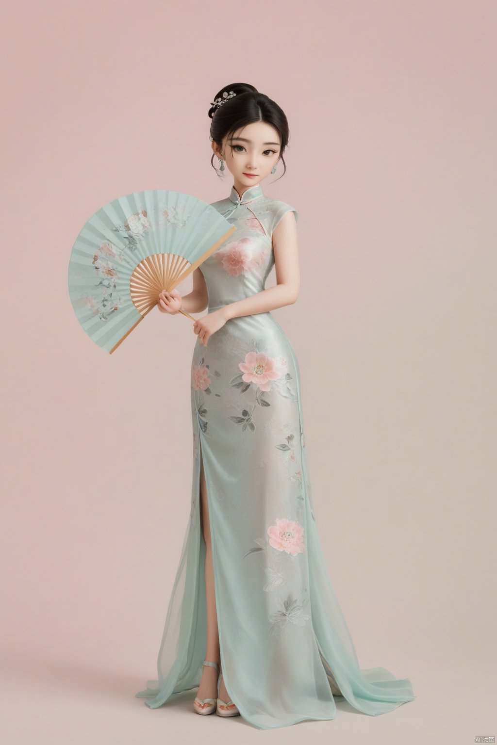 a woman in a chinese dress holding a fan, trending on cg society, in pastel colors, wearing organza gown, cheongsam, brocade dress, h 7 0 4, 💣 💥