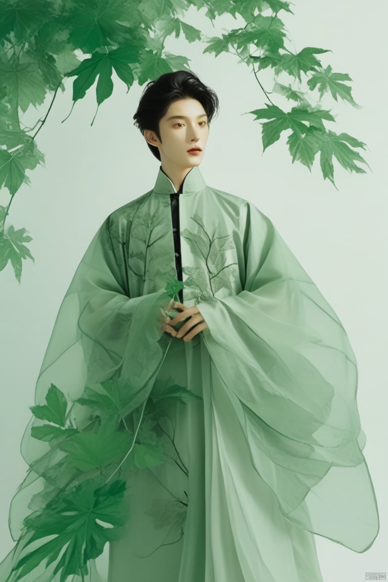 a boy in a black dress holding a green leaf, jingna zhang, maggie cheung, by Zhang Shuqi, eiko ishioka, dress made of green leaves, art nouveau fashion photography, by Lin Tinggui, pengzhen zhang, by Zou Yigui, inspired by Lin Tinggui, dress of leaves, donglu yu, cover photo portrait of du juan,a dream