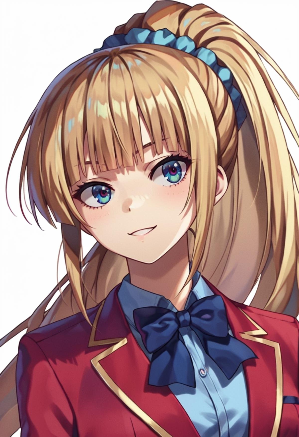 score_9_up score_8_up score_7_up, kei karuizawa, 1girl, long hair, scrunchie, hair scrunchie, very long hair, blue eyes, ponytail, bangshigh ponytail, blue scrunchie, brown hair, blonde hair, blunt bangsblue shirt, red jacket, bowtie, light smilesimple background, white background, portrait<lora:cote_aio:1>