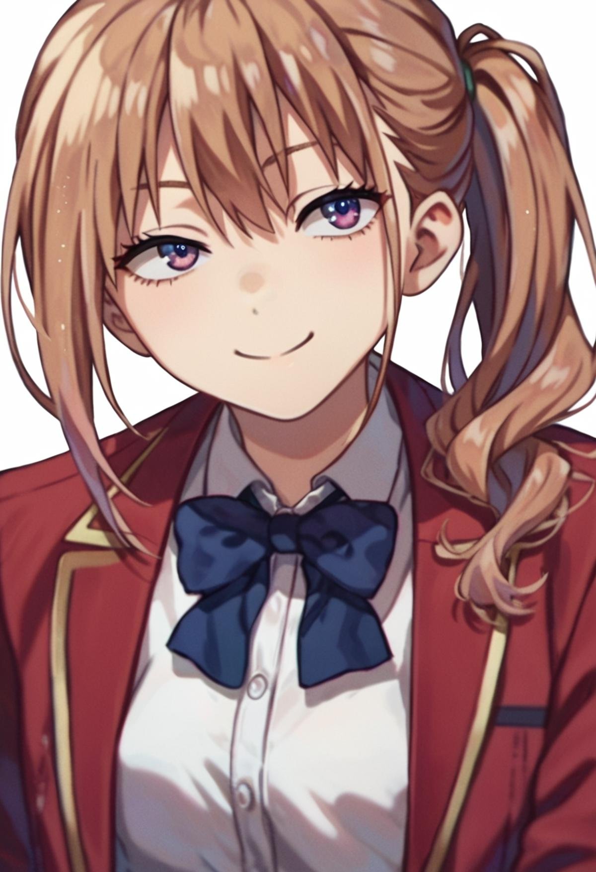 score_9_up score_8_up score_7_up, takeko nishino, 1girl, brown hair, side ponytail, long hair, purple eyes, bangs, hair between eyeswhite shirt, red jacket, bowtie, smilesimple background, white background, portrait<lora:cote_aio:1>