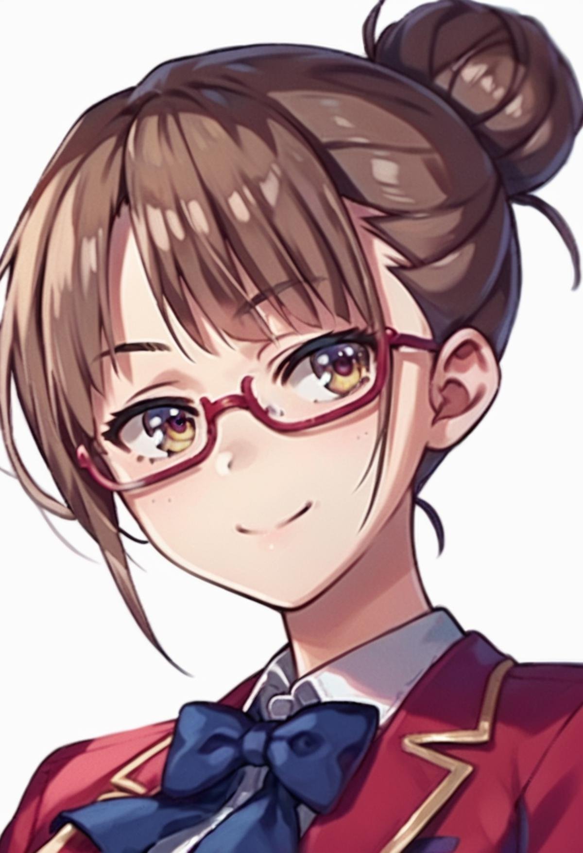 score_9_up score_8_up score_7_up, rika morofuji, 1girl, glasses, single hair bun, hair bun, brown hair, brown eyes, red-framed eyewearwhite shirt, red jacket, bowtie, light smilesimple background, white background, portrait<lora:cote_aio:1>