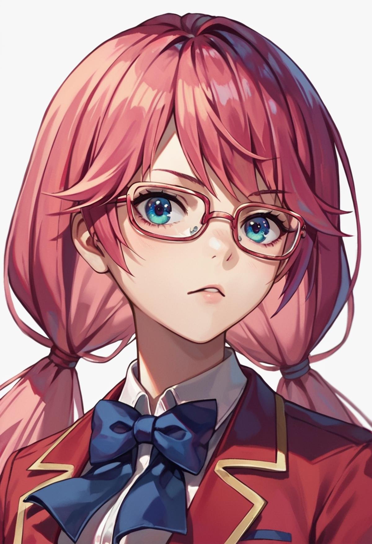 score_9_up score_8_up score_7_up, airi sakura, 1girl, glasses, very long hair, blue eyes, twintails, red hair, low twintails, pink hairwhite shirt, red jacket, bowtiesimple background, white background, portrait<lora:cote_aio:0.9>