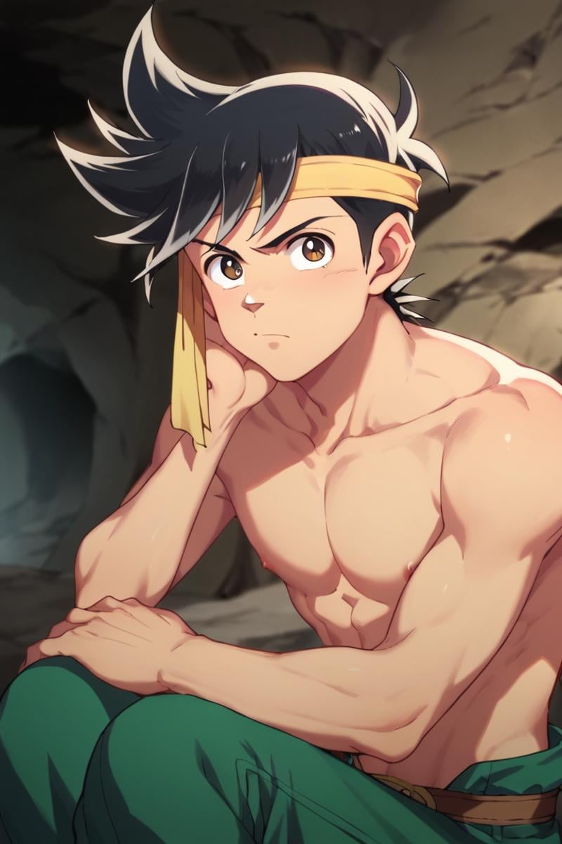 score_9,score_8_up,score_7_up,source_anime,1boy, male, solo,looking at viewer, Popp,black hair, brown eyes,headband,cave, indoors, dark, sitting, topless male, upper body, posing<lora:EMS-413908-EMS:1.000000>