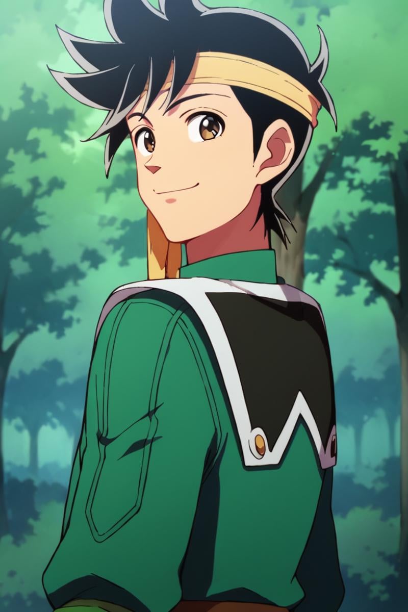 score_9,score_8_up,score_7_up,source_anime,1boy, male, solo,looking at viewer, Popp,black hair, brown eyes,headband,outdoors, upper body, smile, tree,standing, looking back<lora:EMS-413908-EMS:1.000000>