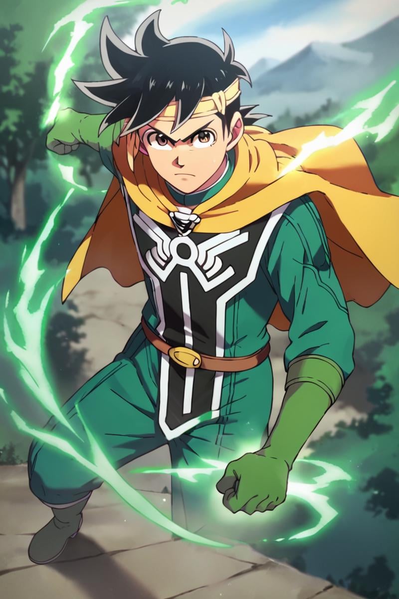 score_9,score_8_up,score_7_up,source_anime,1boy, male, solo,upper body,looking at viewer, Popp,black hair, brown eyes,headband,outdoors,battle_stance, cape, magic, energy, gloves,green gloves,belt,boots, aura<lora:EMS-413908-EMS:1.000000>