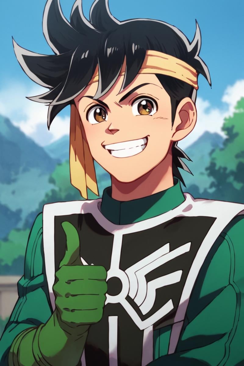 score_9,score_8_up,score_7_up,source_anime,1boy, male, solo,upper body,looking at viewer, Popp,black hair, brown eyes,headband,gloves,green gloves,smile,thumbs_up, grin,outdoors<lora:EMS-413908-EMS:1.000000>