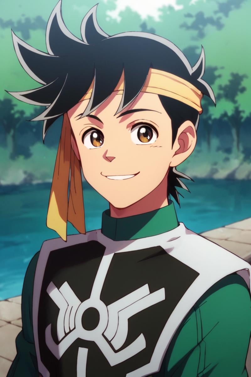 score_9,score_8_up,score_7_up,source_anime,1boy, male, solo,upper body,looking at viewer, Popp,black hair, brown eyes,headband,outdoors, smile<lora:EMS-413908-EMS:1.000000>