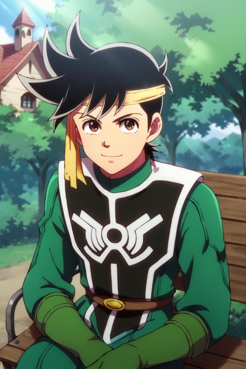 score_9,score_8_up,score_7_up,source_anime,1boy, male, solo,looking at viewer, Popp,black hair, brown eyes,headband,outdoors, upper body, smile, light rays, village, planter,tree, house, butterfly, bench, gloves,green gloves,belt,boots, sitting, hand on bench,from above, close-up<lora:EMS-413908-EMS:1.000000>