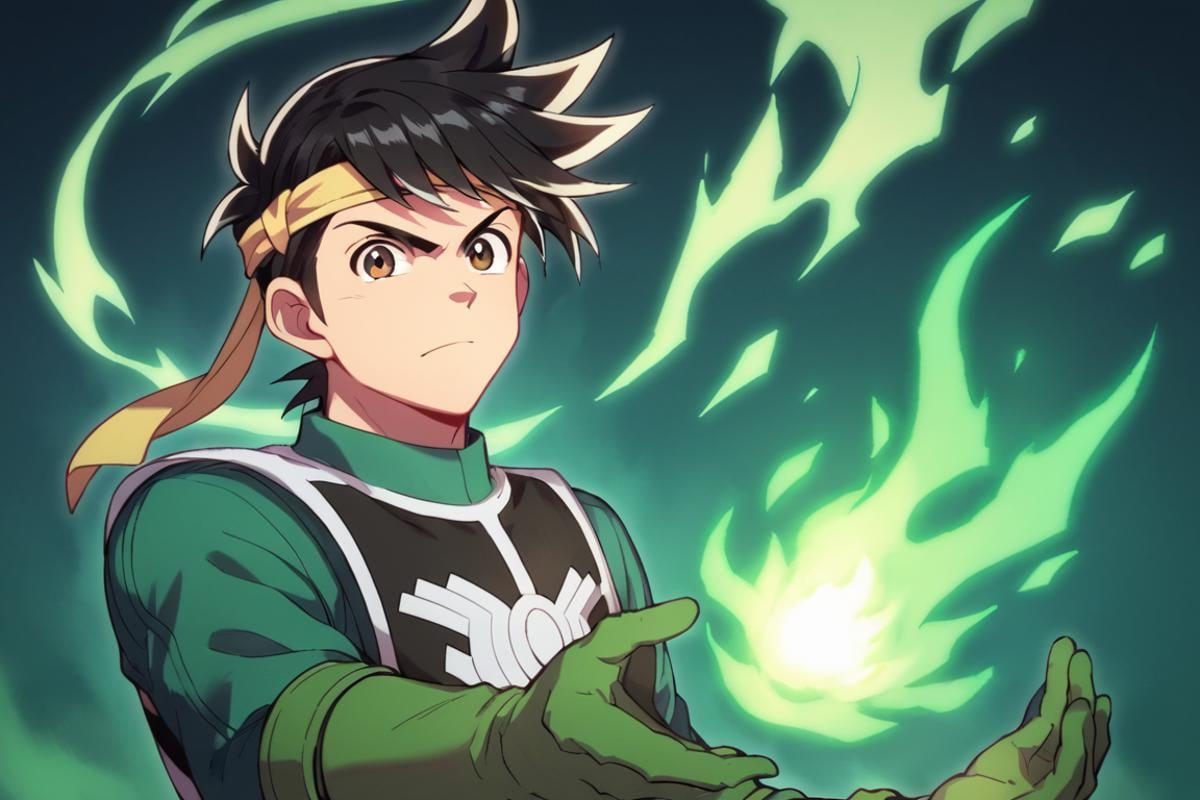 score_9,score_8_up,score_7_up,source_anime,1boy, male, solo,upper body,looking at viewer, Popp,black hair, brown eyes,headband,blakc_background, gloves,green gloves, fire, magic, energy, aura, glowing, battle_stance<lora:EMS-413908-EMS:0.800000>