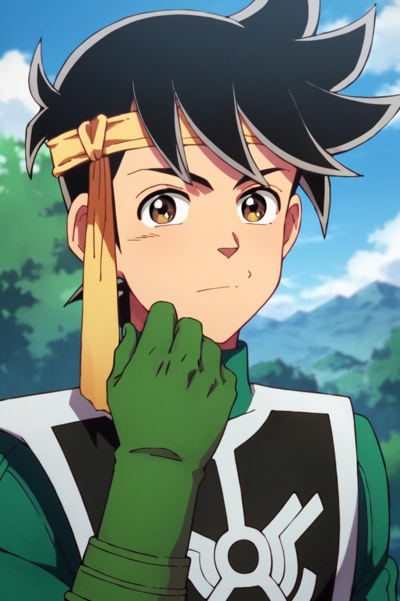 score_9,score_8_up,score_7_up,source_anime,1boy, male, solo,upper body,looking at viewer, Popp,black hair, brown eyes,headband,gloves,green gloves,outdoors<lora:EMS-413908-EMS:1.000000>