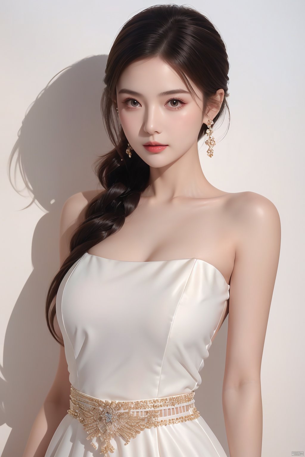 A girl,charming and elegant dress,fashionable and luxurious,with black eyes,advertising photography,white background,standing posture,upper body photo,advertising blockbuster photography,realistic,exquisite,high-definition,8K,perfect facial details,the best quality,