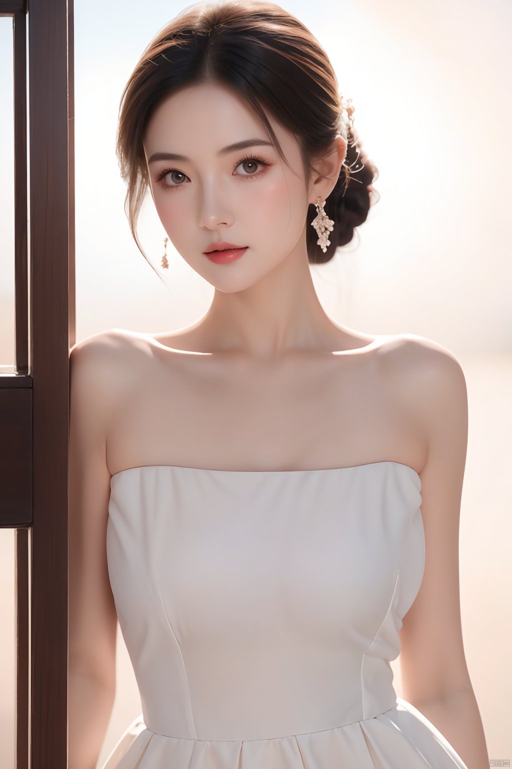 A girl,charming and elegant dress,fashionable and luxurious,with black eyes,advertising photography,white background,standing posture,upper body photo,advertising blockbuster photography,realistic,exquisite,high-definition,8K,perfect facial details,the best quality,